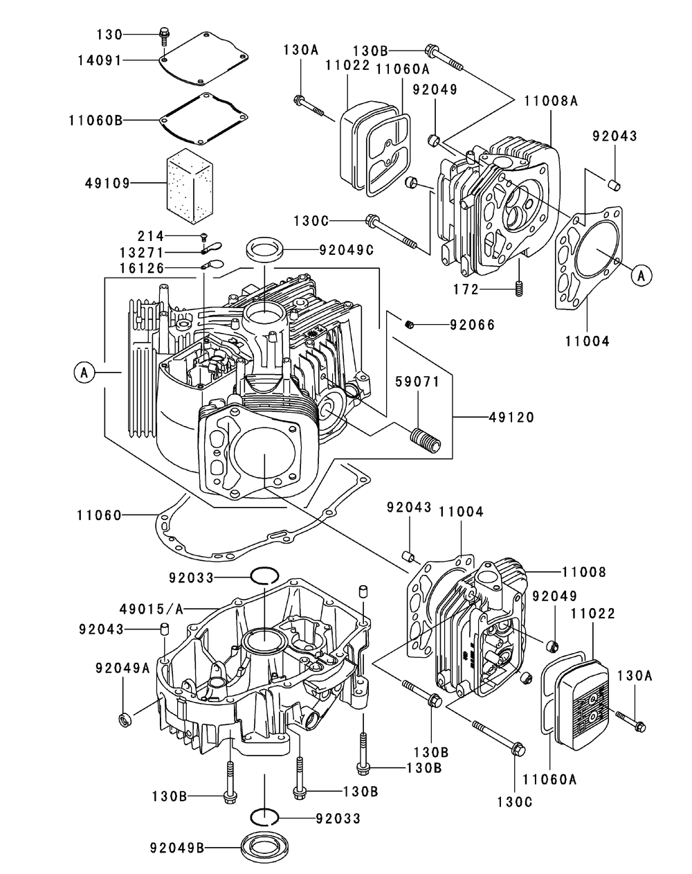 Kawasaki Fh680v-Ds29 Cylinder And Crankcase Diagram and Parts List for M48-KW (53AI8CT2050-23HP)(2010) Cub Cadet Lawn Tractor
